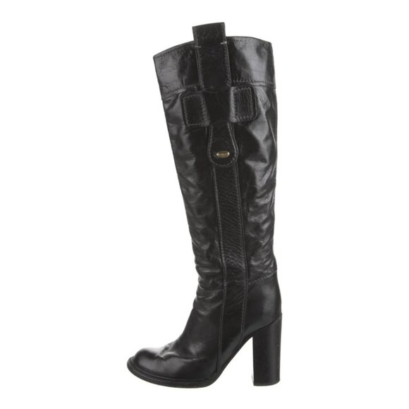 New CHLOE 36 Black Distressed Leather Knee-High Chunky Heel Boots - Picture 3 of 10